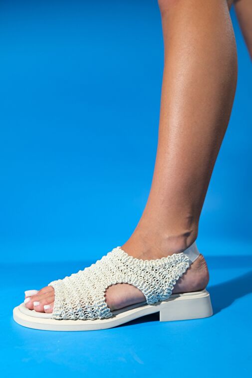 WEAVE Bej Örme Hakiki Deri Kadın Sandalet - Görsel 7