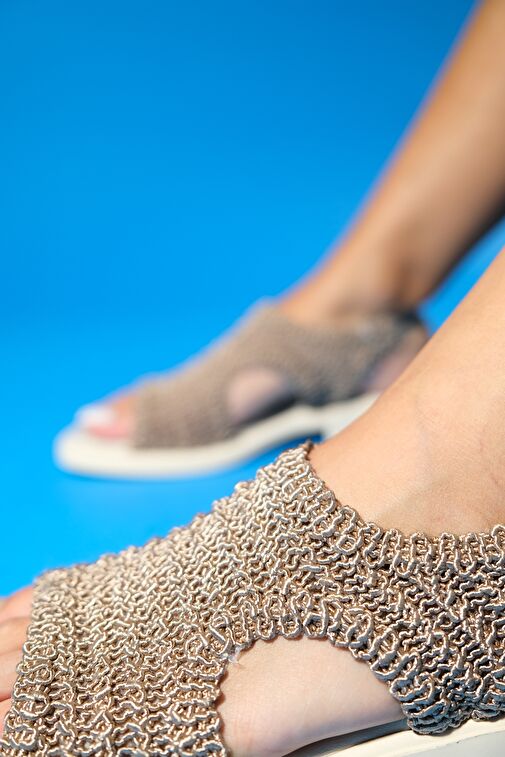 WEAVE Koyu Bej Örme Hakiki Deri Kadın Sandalet - Görsel 6