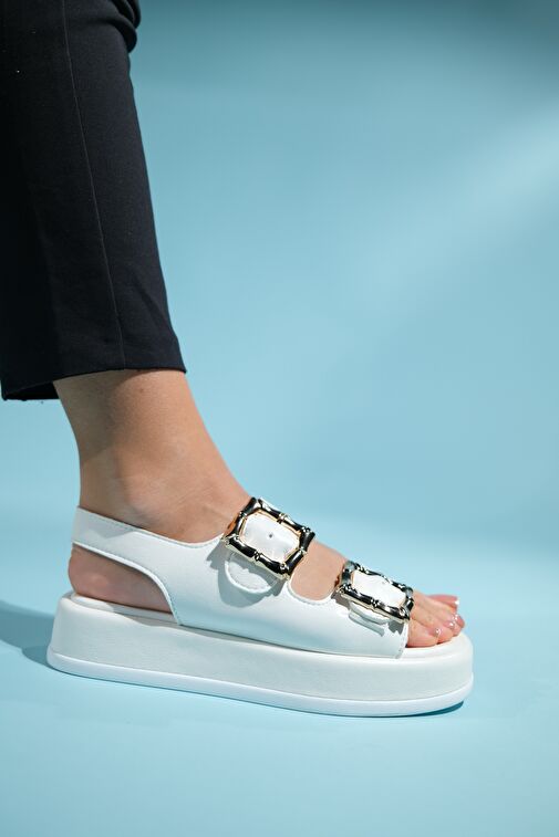 SLOPE Beyaz Çift Bantlı Kadın Düz Sandalet - Görsel 6