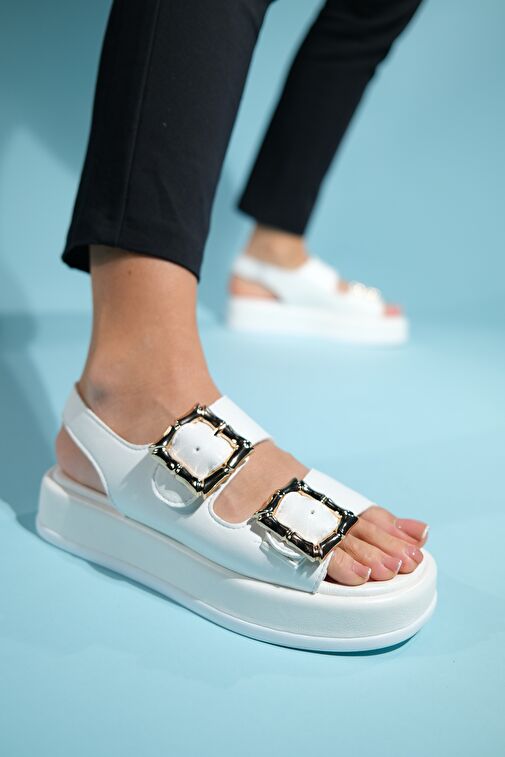 SLOPE Beyaz Çift Bantlı Kadın Düz Sandalet - Görsel 7