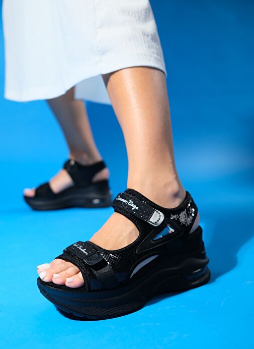 ARTHUR Siyah Payetli Bantlı Kalın Taban Kadın Spor Sandalet - Görsel 6