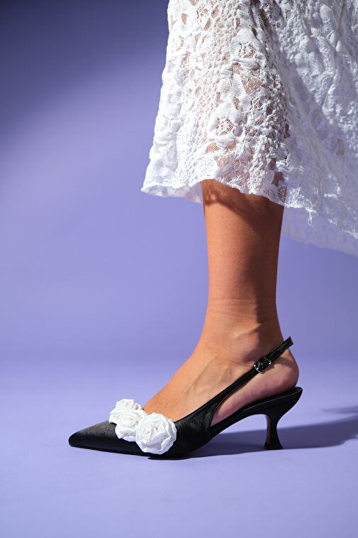 Luvi Shoes Siyah-Beyaz Kadın Saten Topuklu Ayakkabı 124-6870 - Görsel 4