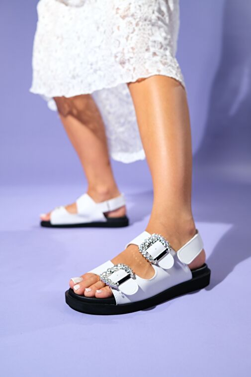 OLIMPA Beyaz Taşlı Cırtlı Kadın Düz Sandalet - Görsel 2