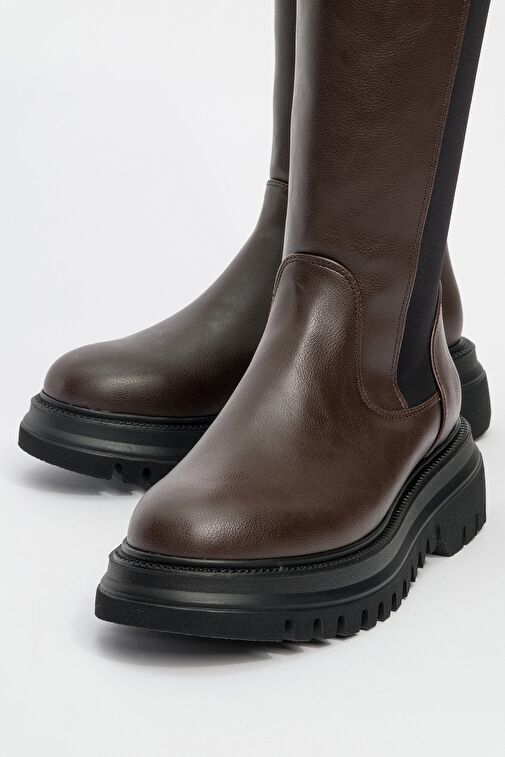 SHADOW Kahverengi Streç Detaylı Kadın Çizme - Görsel 4