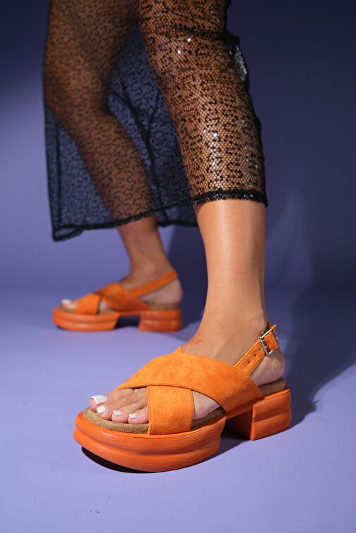 LUNGO Turuncu Süet Çapraz Bantlı Kalın Tabanlı Kadın Sandalet - Görsel 2