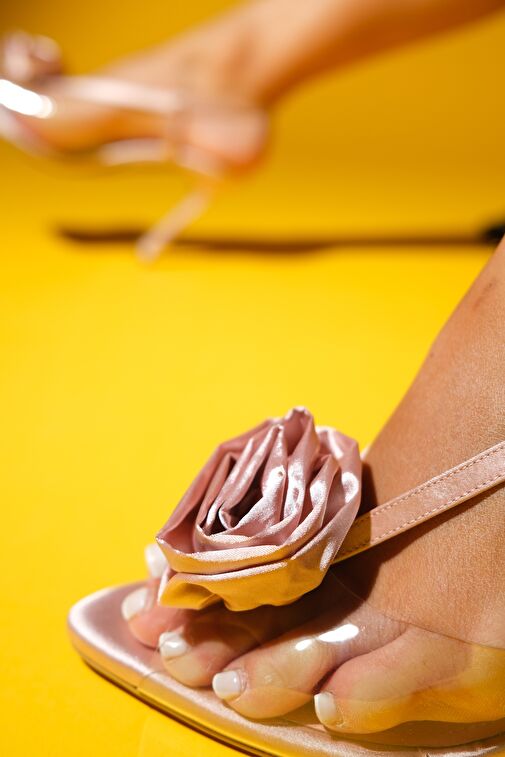 AISNE Pudra Saten Çiçekli Kadın İnce Topuklu Ayakkabı - Görsel 6