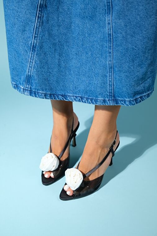 AISNE Siyah Saten Beyaz Çiçekli Kadın İnce Topuklu Ayakkabı - Görsel 5