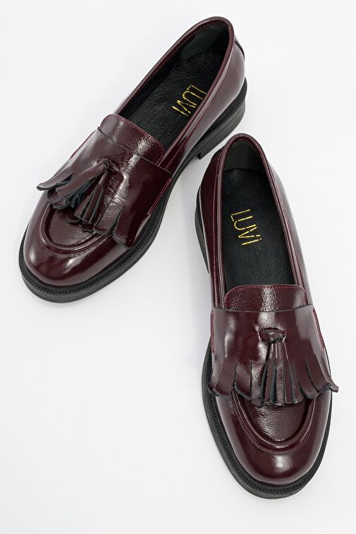 MİLİNA Bordo Rugan Püsküllü Hakiki Deri Kadın Loafer Ayakkabı - Görsel 3