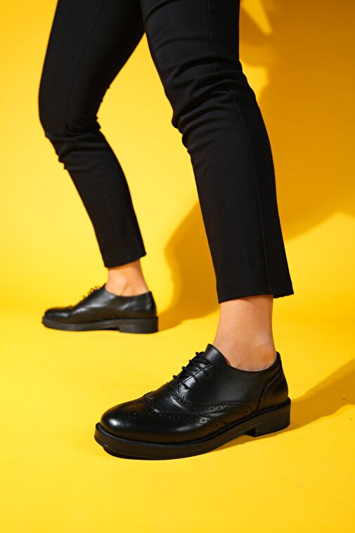 AVRA Siyah Cilt Hakiki Deri Kadın Oxford Ayakkabı - Görsel 7