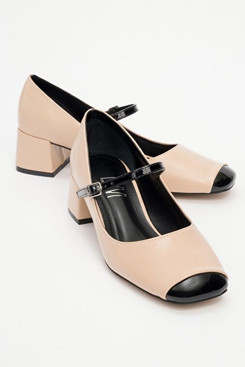 APENA Bej Cilt-Siyah Rugan Kadın Kısa Topuklu Ayakkabı - Görsel 2