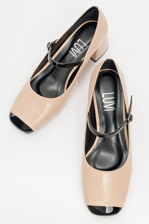 APENA Bej Cilt-Siyah Rugan Kadın Kısa Topuklu Ayakkabı - Görsel 3