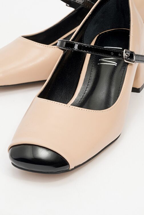 APENA Bej Cilt-Siyah Rugan Kadın Kısa Topuklu Ayakkabı - Görsel 4
