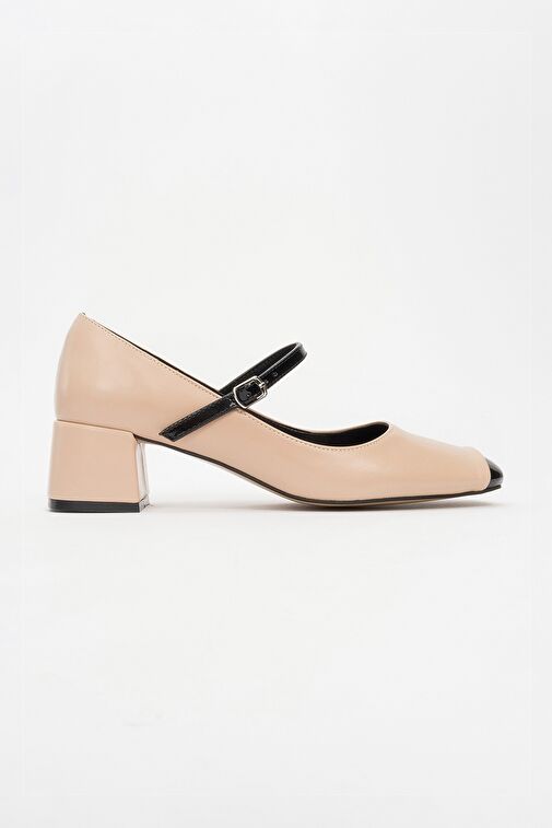 APENA Bej Cilt-Siyah Rugan Kadın Kısa Topuklu Ayakkabı - Görsel 5