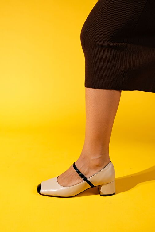 APENA Bej Cilt-Siyah Rugan Kadın Kısa Topuklu Ayakkabı - Görsel 8