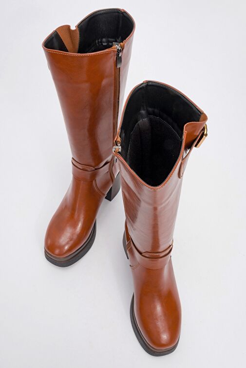 ROCK Taba Cilt Tokalı Fermuarlı Kadın Platform Topuklu Çizme - Görsel 3