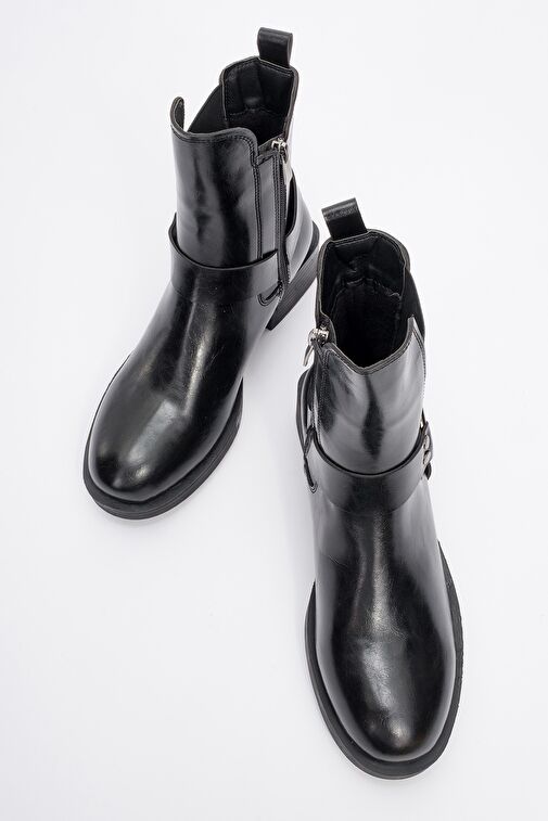 STONE Siyah Cilt Tokalı Lastikli Fermuarlı Kadın Bot - Görsel 3