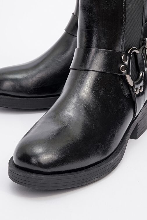 STONE Siyah Cilt Tokalı Lastikli Fermuarlı Kadın Bot - Görsel 4