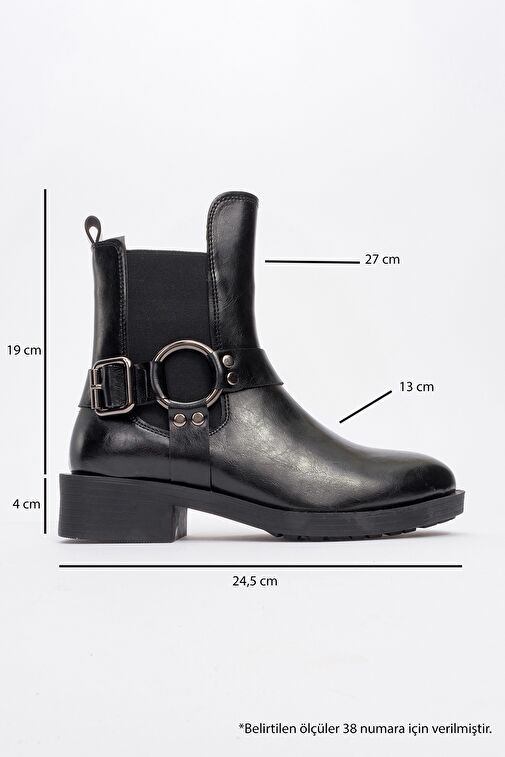 STONE Siyah Cilt Tokalı Lastikli Fermuarlı Kadın Bot - Görsel 5