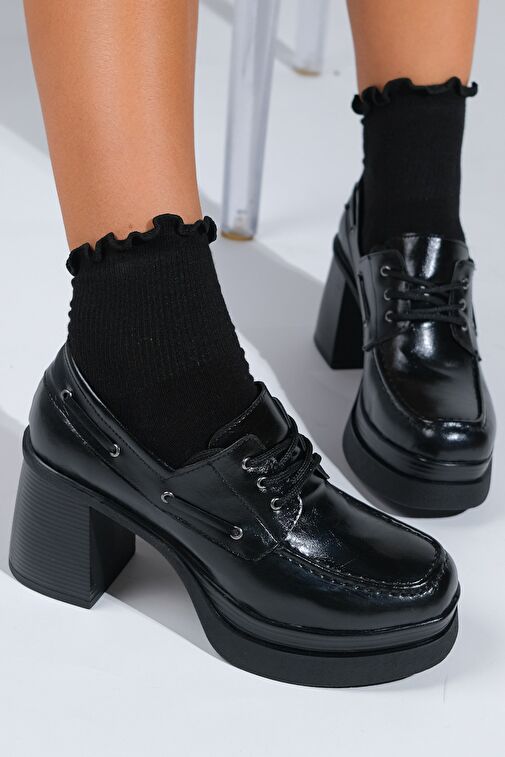 DUDLEY Siyah Cilt Bağcıklı Kadın Platform Topuklu Ayakkabı - Görsel 6