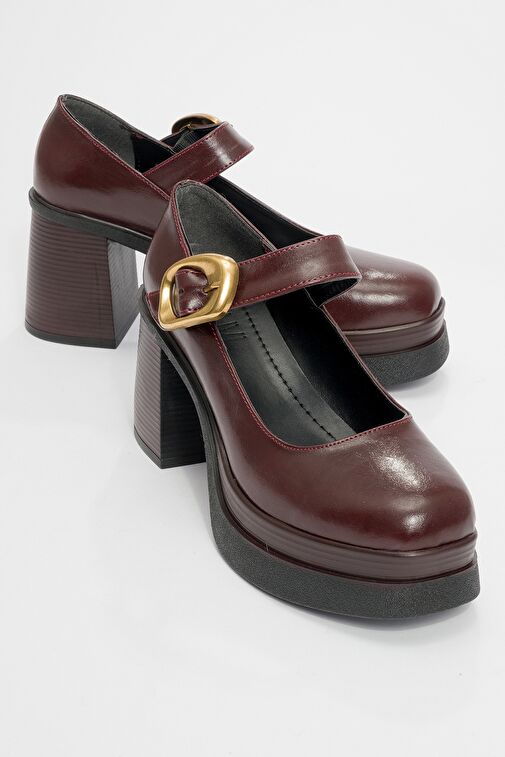 ASHES Bordo Cilt Gold Tokalı Kadın Platform Topuklu Ayakkabı - Görsel 2