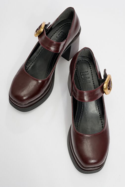 ASHES Bordo Cilt Gold Tokalı Kadın Platform Topuklu Ayakkabı - Görsel 3