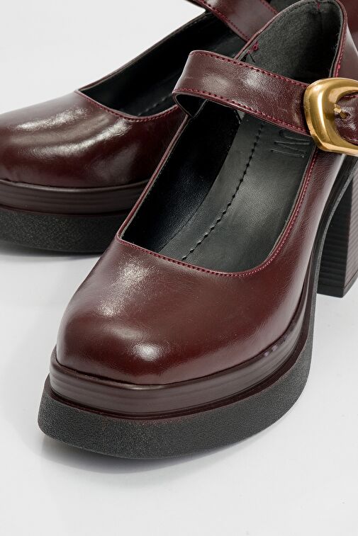 ASHES Bordo Cilt Gold Tokalı Kadın Platform Topuklu Ayakkabı - Görsel 4