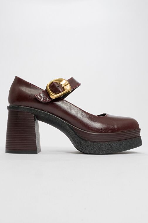 ASHES Bordo Cilt Gold Tokalı Kadın Platform Topuklu Ayakkabı - Görsel 5