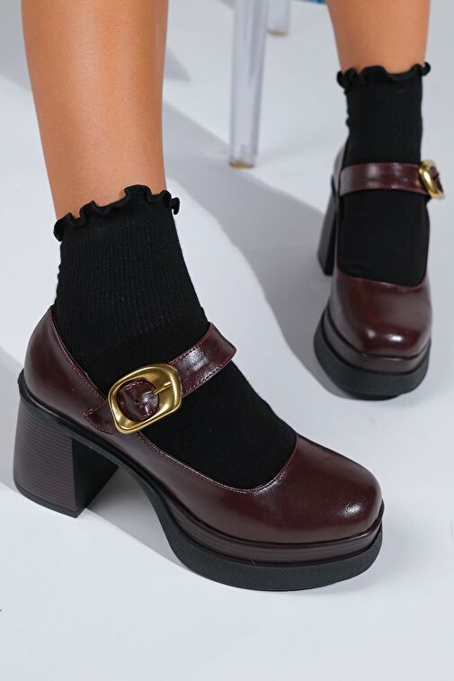 ASHES Bordo Cilt Gold Tokalı Kadın Platform Topuklu Ayakkabı - Görsel 6