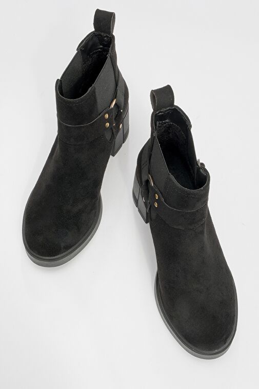 FELİN Siyah Süet Lastikli Tokalı Kadın Kalın Topuklu Bot - Görsel 3