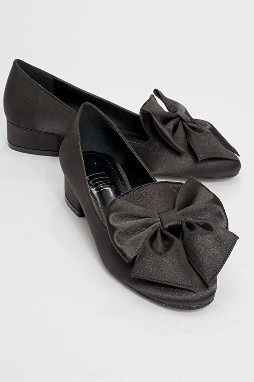 REAL Siyah Saten Fiyonklu Kadın Topuklu Babet Ayakkabı - Görsel 2