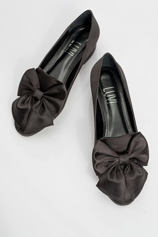 REAL Siyah Saten Fiyonklu Kadın Topuklu Babet Ayakkabı - Görsel 3