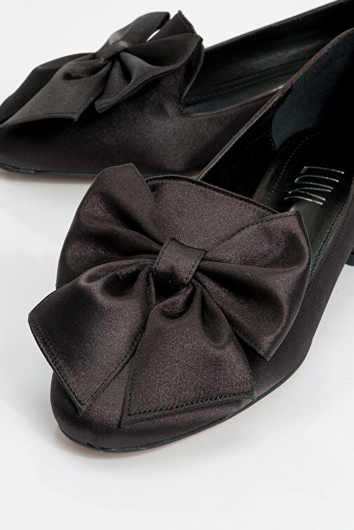 REAL Siyah Saten Fiyonklu Kadın Topuklu Babet Ayakkabı - Görsel 4