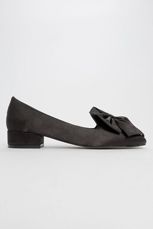 REAL Siyah Saten Fiyonklu Kadın Topuklu Babet Ayakkabı - Görsel 5