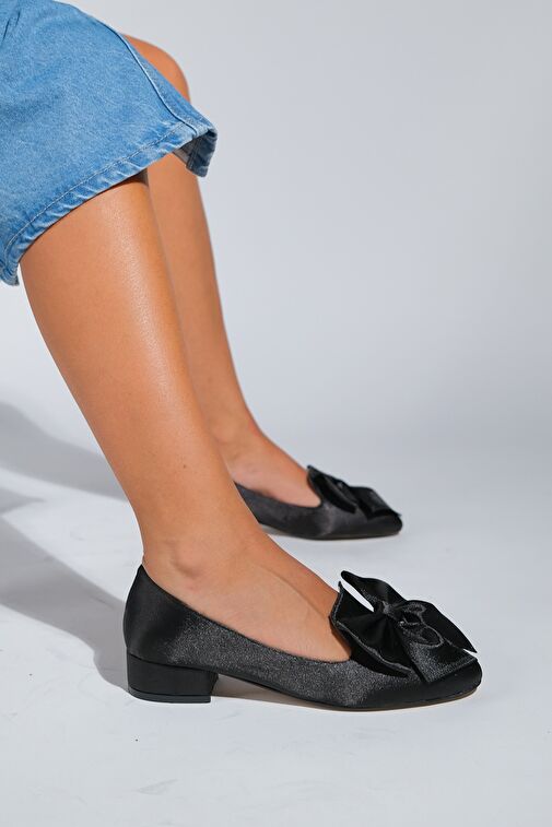 REAL Siyah Saten Fiyonklu Kadın Topuklu Babet Ayakkabı - Görsel 6