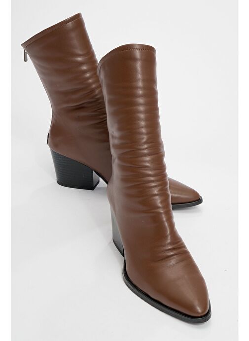 LAVAL Kahve Cilt Arkadan Fermuarlı Kadın Kalın Topuklu Bot - Görsel 2