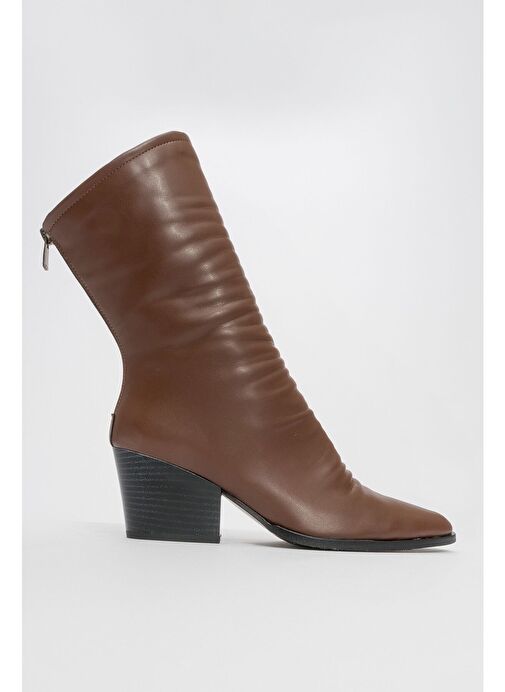 LAVAL Kahve Cilt Arkadan Fermuarlı Kadın Kalın Topuklu Bot - Görsel 5