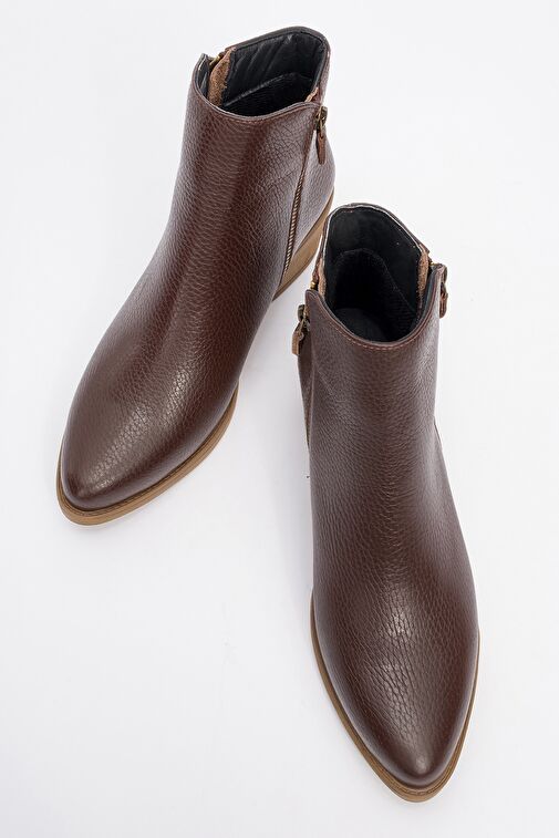 JAYER Kahve Floter Hakiki Deri Fermuarlı Kadın Topuklu Bot - Görsel 3