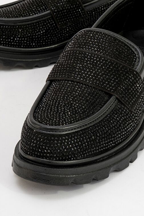 BABEL Siyah Süet Siyah Taş Kadın Loafer Ayakkabı - Görsel 4