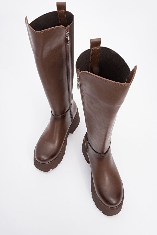 SOLO Kahve Cilt Lastikli Kadın Platform Topuklu Çizme - Görsel 3