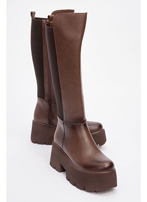 SOLO Kahve Cilt Lastikli Kadın Platform Topuklu Çizme - Görsel 2