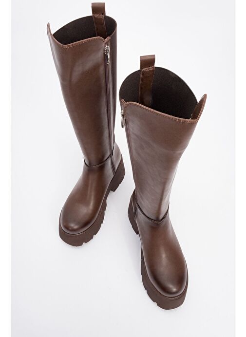 SOLO Kahve Cilt Lastikli Kadın Platform Topuklu Çizme - Görsel 3