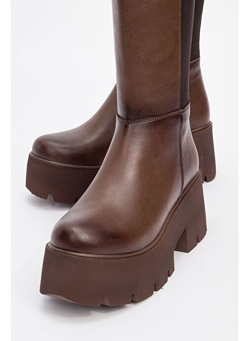 SOLO Kahve Cilt Lastikli Kadın Platform Topuklu Çizme - Görsel 4