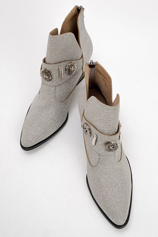 KENDA Gümüş Simli Arkadan Fermuarlı Tokalı Kadın Kalın Topuklu Bot - Görsel 3