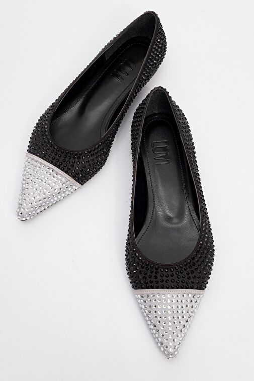 MONTERİA Siyah Gümüş Taşlı Kadın Babet Ayakkabı - Görsel 3