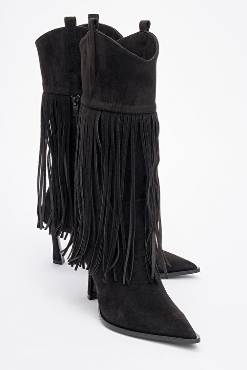 GUERAS Siyah Süet Püsküllü Sivri Burun Kadın Topuklu Çizme - Görsel 2