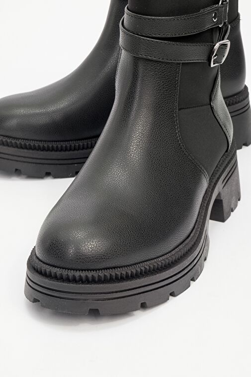 ELENA Siyah Cilt Scuba Kemerli Kadın Düz Bot - Görsel 4