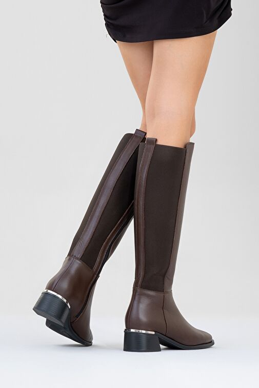 ROCHOS Kahve Cilt Streç Detaylı Hakiki Deri Kadın Çizme - Görsel 7