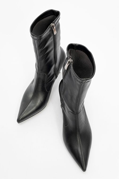 THALİN Siyah Cilt Sivri Burun Yandan Fermuarlı Kadın İnce Topuklu Bot - Görsel 3
