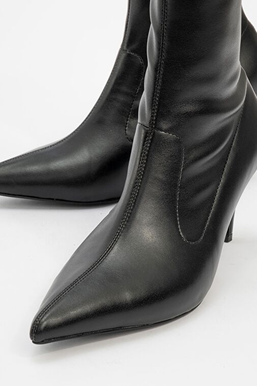 THALİN Siyah Cilt Sivri Burun Yandan Fermuarlı Kadın İnce Topuklu Bot - Görsel 4