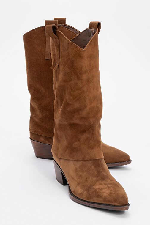 SOJO Taba Süet Hakiki Deri Kalın Topuklu Kısa Çizme - Görsel 2
